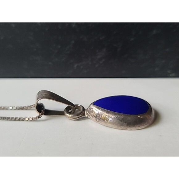 925 Sterling Silver Faux Stone Blue Inlay Pendant Necklace Vintage - Picture 3 of 11